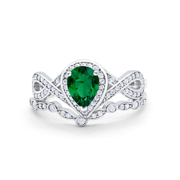 Teardrop Wedding Ring Band Piece Simulated Green Emerald CZ 925 Sterling Silver